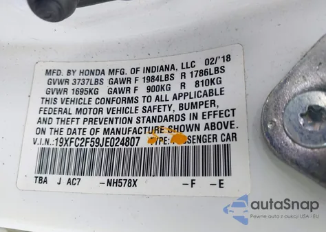 2018 Honda Civic Lx from USA, damaged, VIN 19XFC2F59JE024807